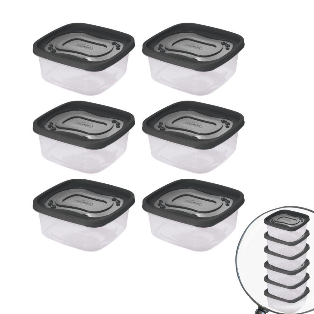 Pote de plástico Clic quadrado 580ml com 6 unidades Plasutil ref.13901