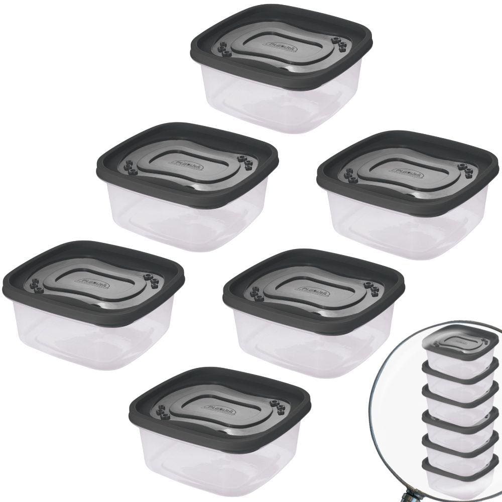 Pote de plástico Clic quadrado 1,1 litros com 6 unidades Plasutil ref.13865
