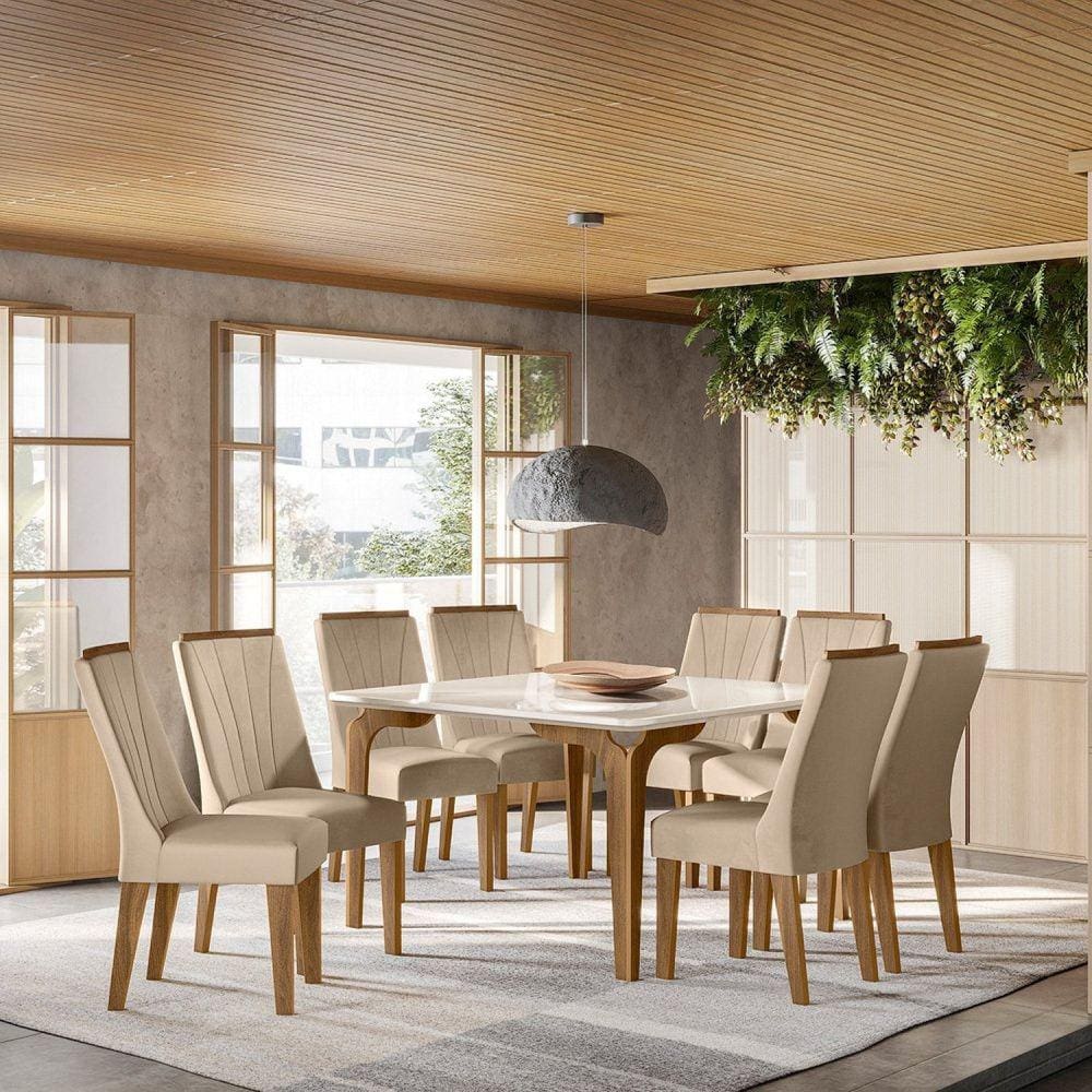Conjunto Sala de Jantar 136x136cm Tampo Vidro/MDF Quadrado com 8 Cadeiras Turquesa Cedro Gold