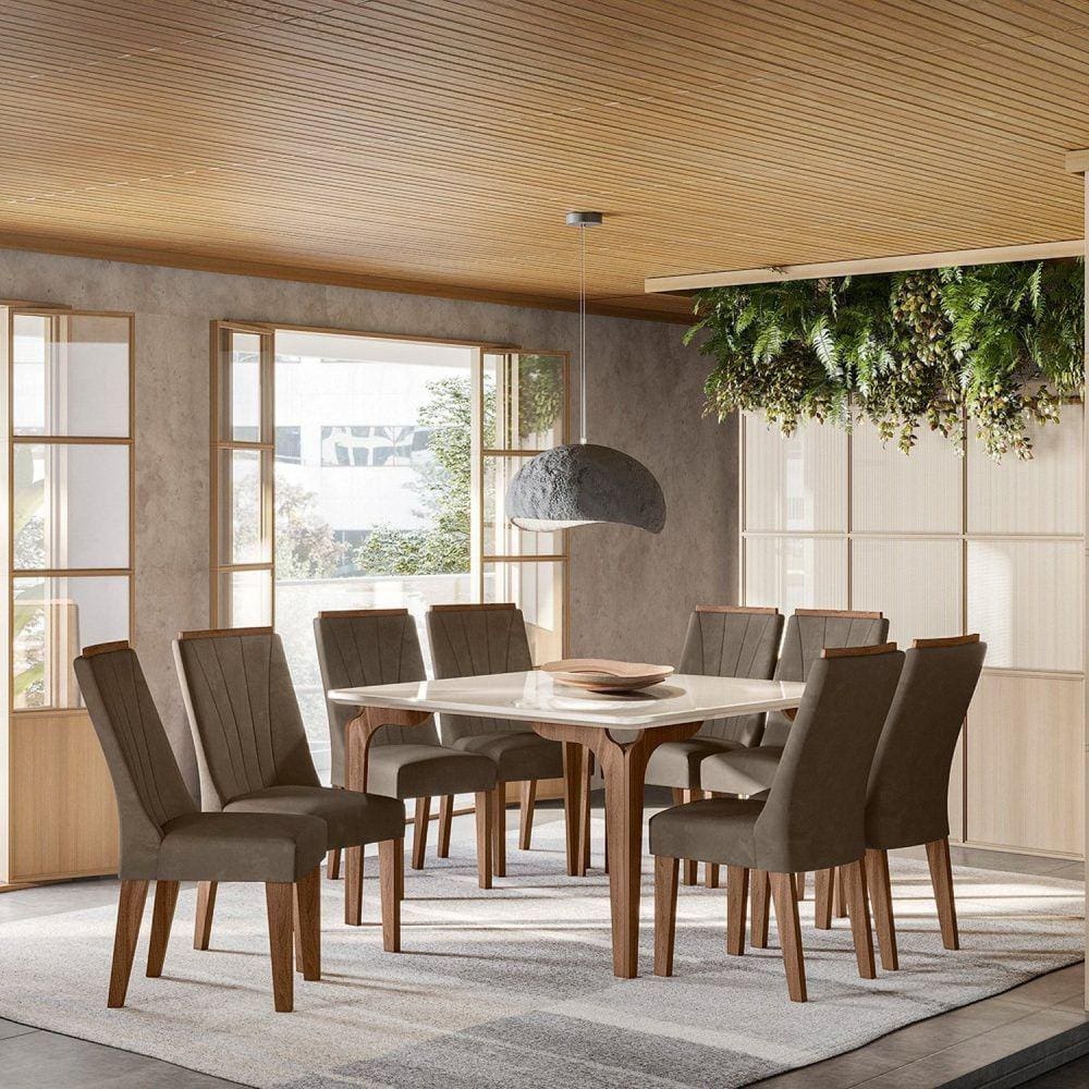 Conjunto Sala de Jantar 136x136cm Tampo Vidro/MDF Quadrado com 8 Cadeiras Turquesa Amendoa