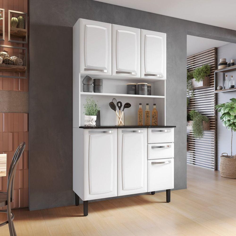 Kit Cozinha 105cm 6 Portas 2 Gavetas Pratika Branco