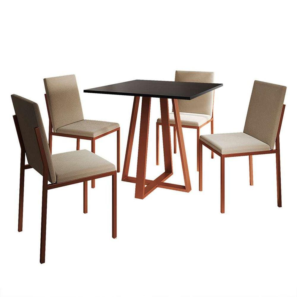 conjunto de mesa de jantar com tampo preto e 4 cadeiras mônaco veludo bege e cobre