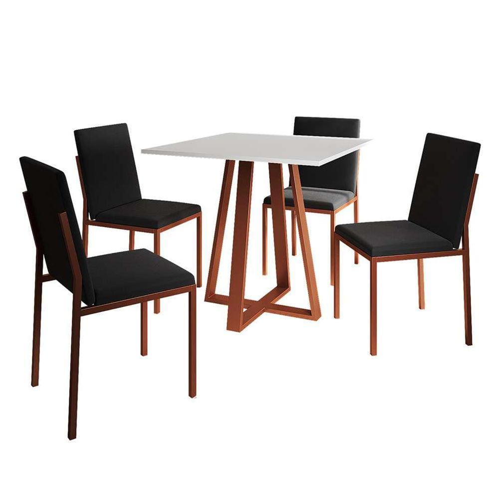 conjunto de mesa de jantar com tampo branco e 4 cadeiras mônaco veludo preto e cobre