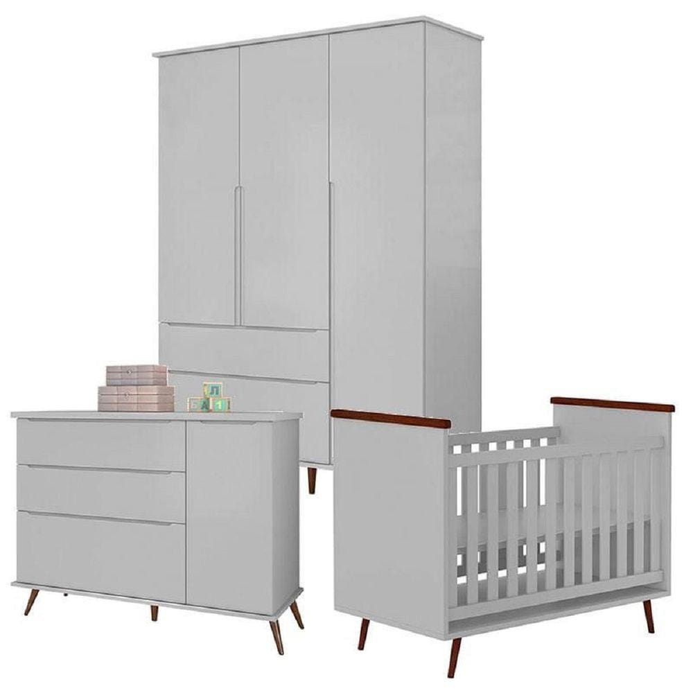 Jogo de Quarto Infantil Alice MDF Infantil Roupeiro + Berço + Cômoda Cinza - Bela Móveis