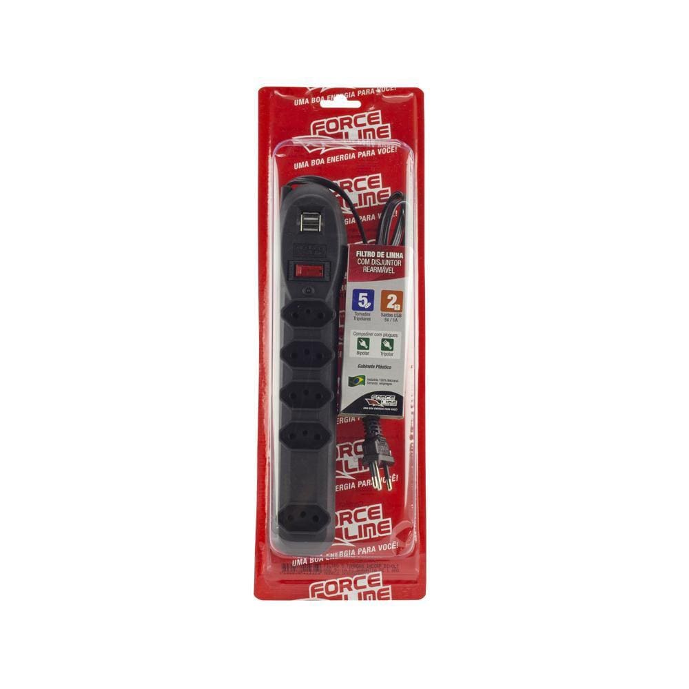 Filtro de Linha 5 Tomadas Preto com Saída Usb Force Line