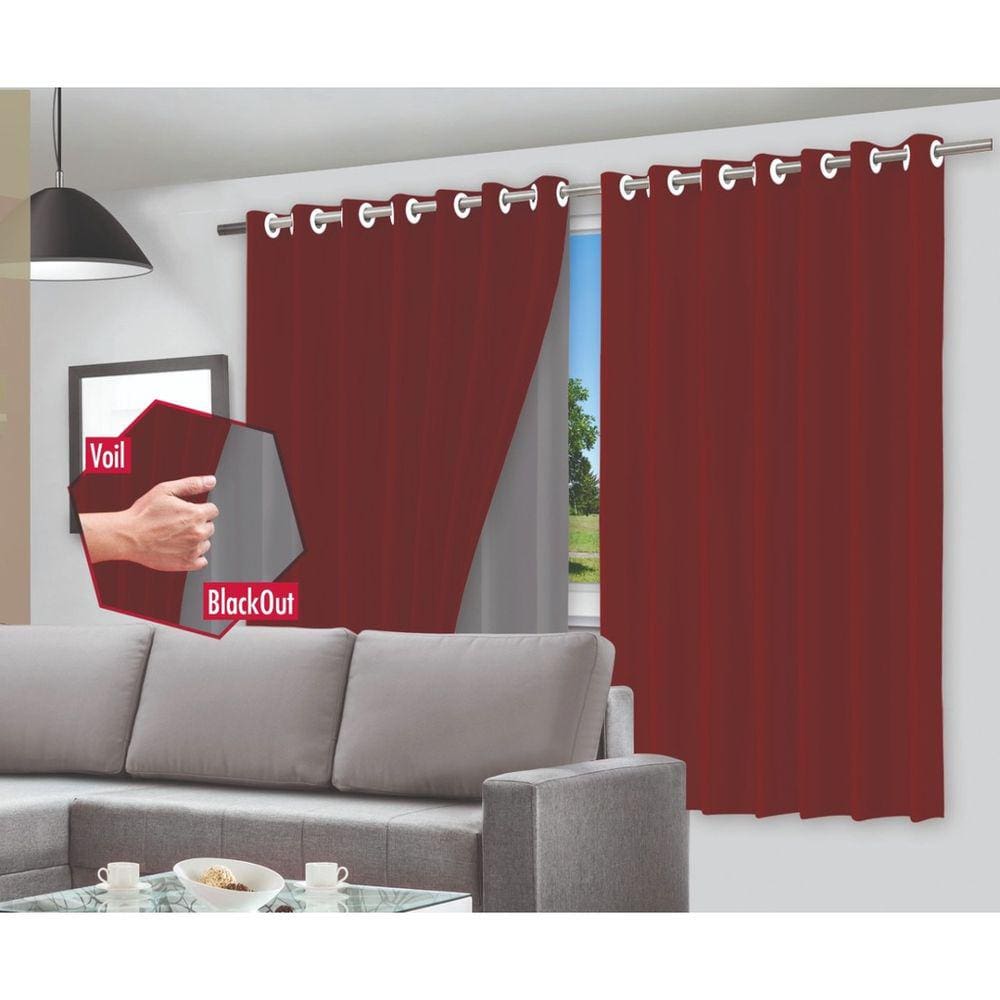Cortina Blecaute Para Quarto Ou Sala C/ Voil Corta Luz 100% Pvc 280X220cm Com Ilhós Para Varão - Cores Diversas