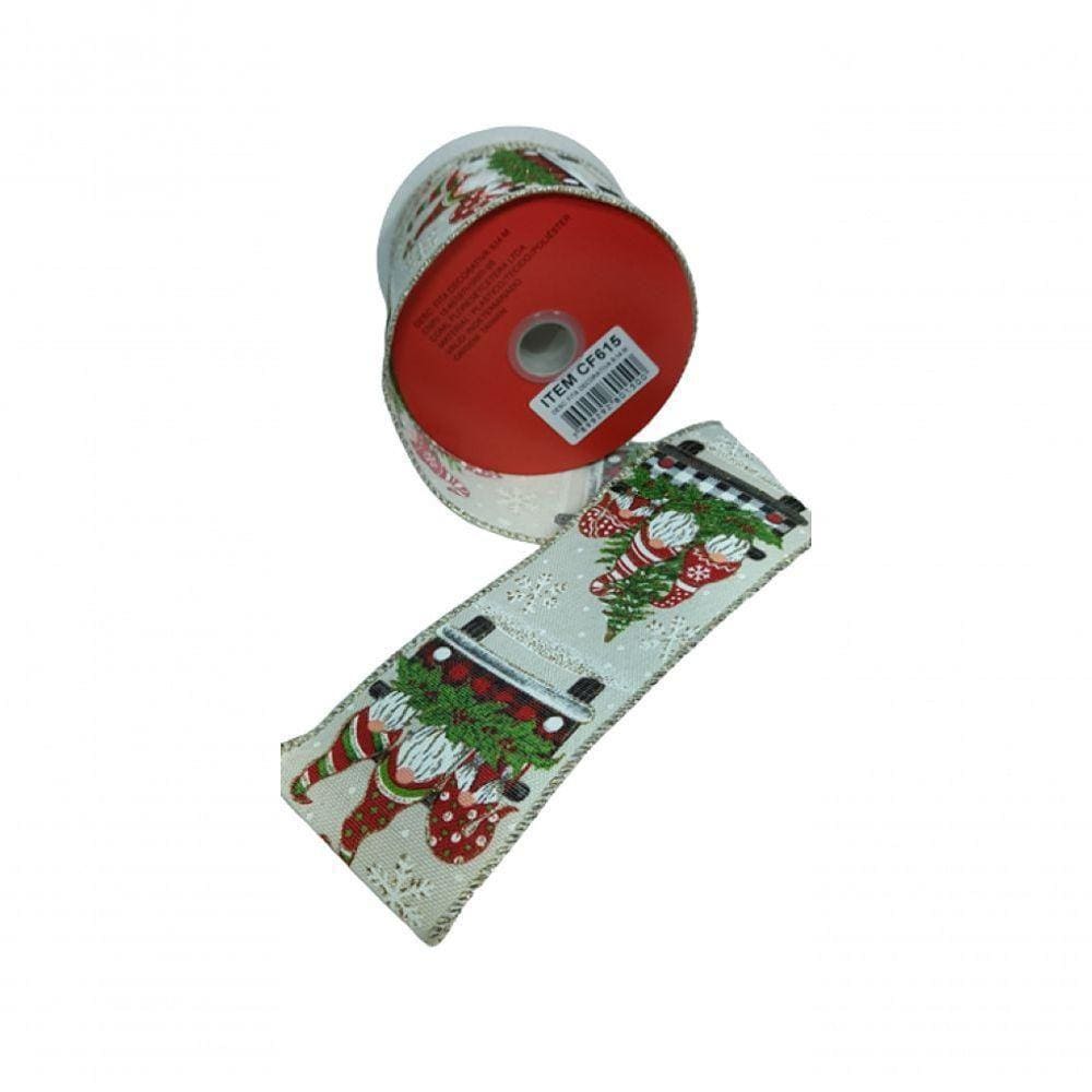 Fita Decorativa Bege Com Estampa De Papai Noel Gnomo