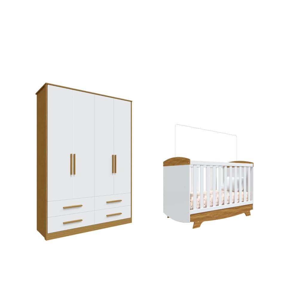 Berço Cris e Guarda Roupa Charlo Moveis Peroba 04 gavetas MDF