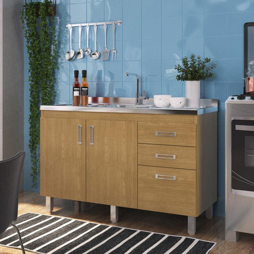 Balcão para Pia 120cm 3 Portas 2 Gavetas Flex Freijó