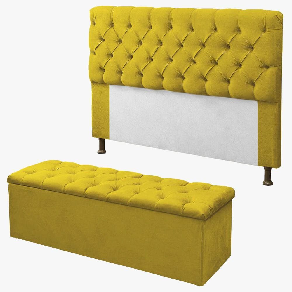 Kit Cabeceira + Calçadeira Baú Sofia Solteiro 90cm Corino Amarelo - LM DECOR