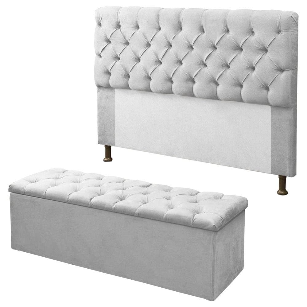 Kit Cabeceira + Calçadeira Baú Sofia Solteiro 90cm Corino Branco - LM DECOR