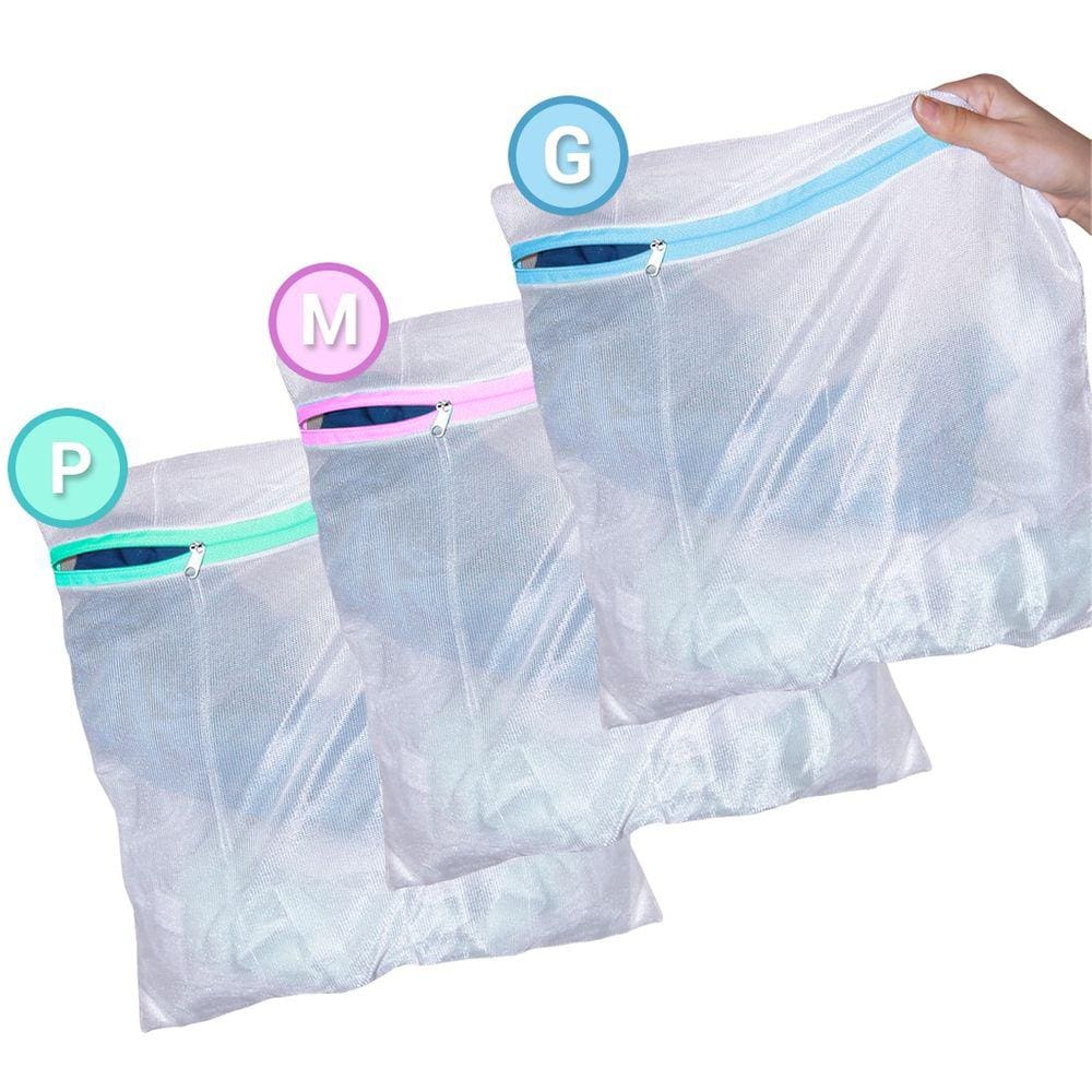 Kit com 3 Tamanhos Saco Protetor com zíper para Lavar Roupa Íntima e Tecido Delicado - 3 Tamanhos - Pequeno (P) / Médio 