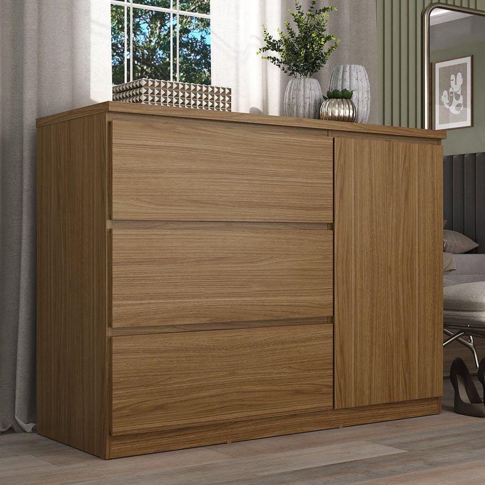 Cômoda Sapateira 3 Gavetas 1 Porta 100% MDF Gales Nogueira