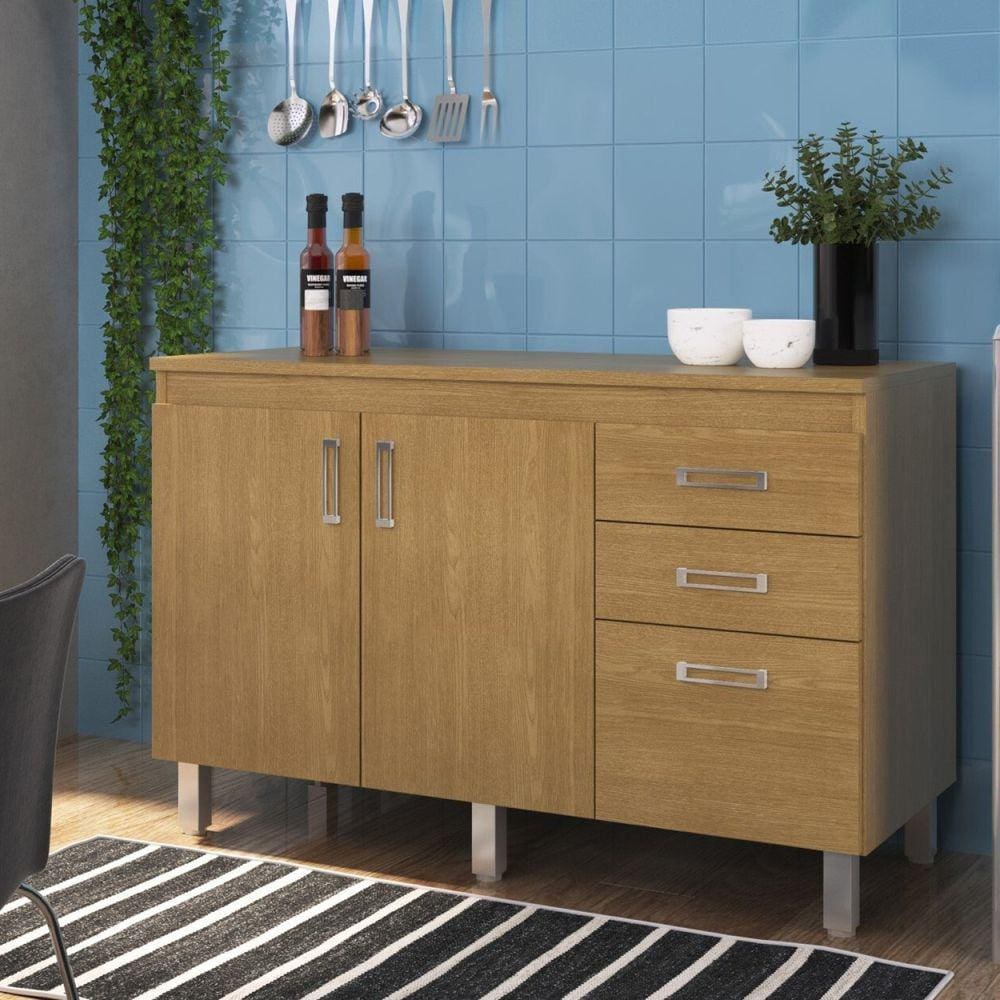 Balcão com Tampo 120cm 3 Portas 2 Gavetas Flex Freijó