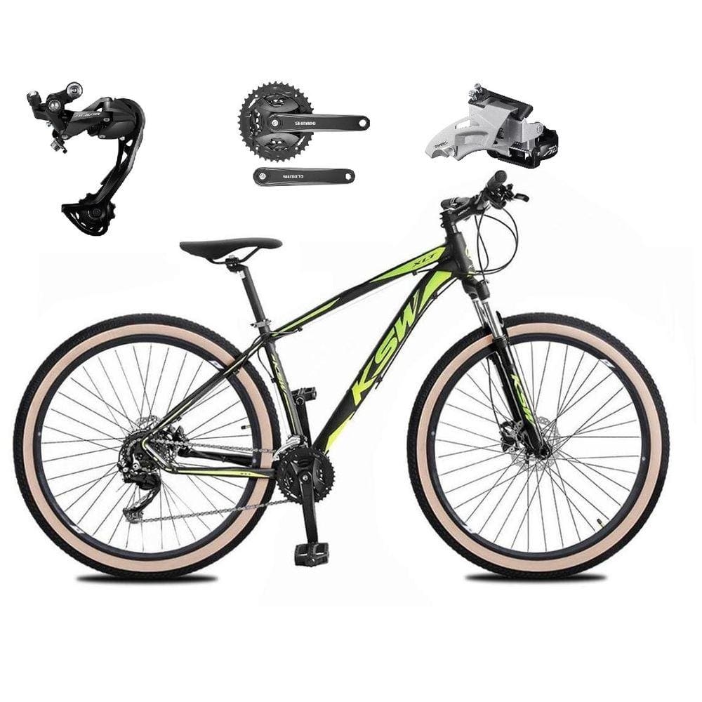 Bicicleta Aro 29 Ksw Xlt Alumínio Câmbio Traseiro Shimano Alívio e Altus 27v Freio Hidráulico Garfo Com Trava Pneu com Faixa Bege - Preto\Verde