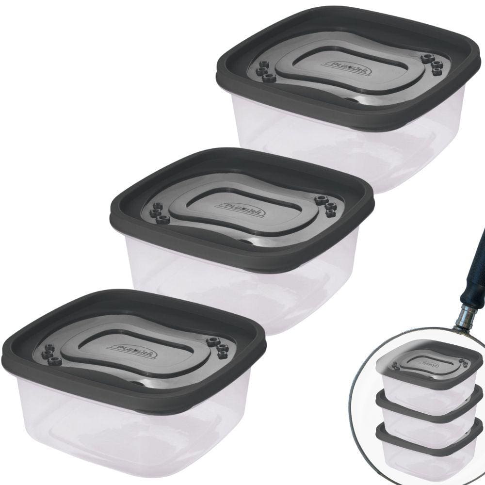 Pote de plástico Clic quadrado 1,6 litros com 3 unidades Plasutil ref.13874