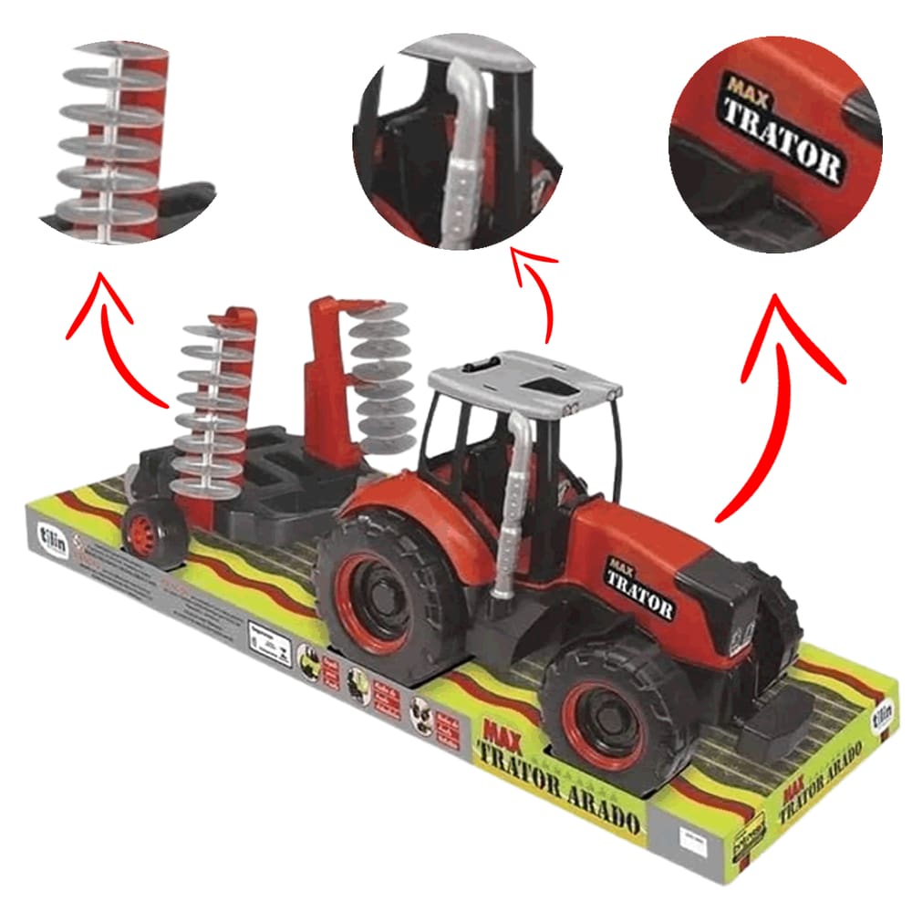Trator com Carretinha de Arado Max Trator Vermelho