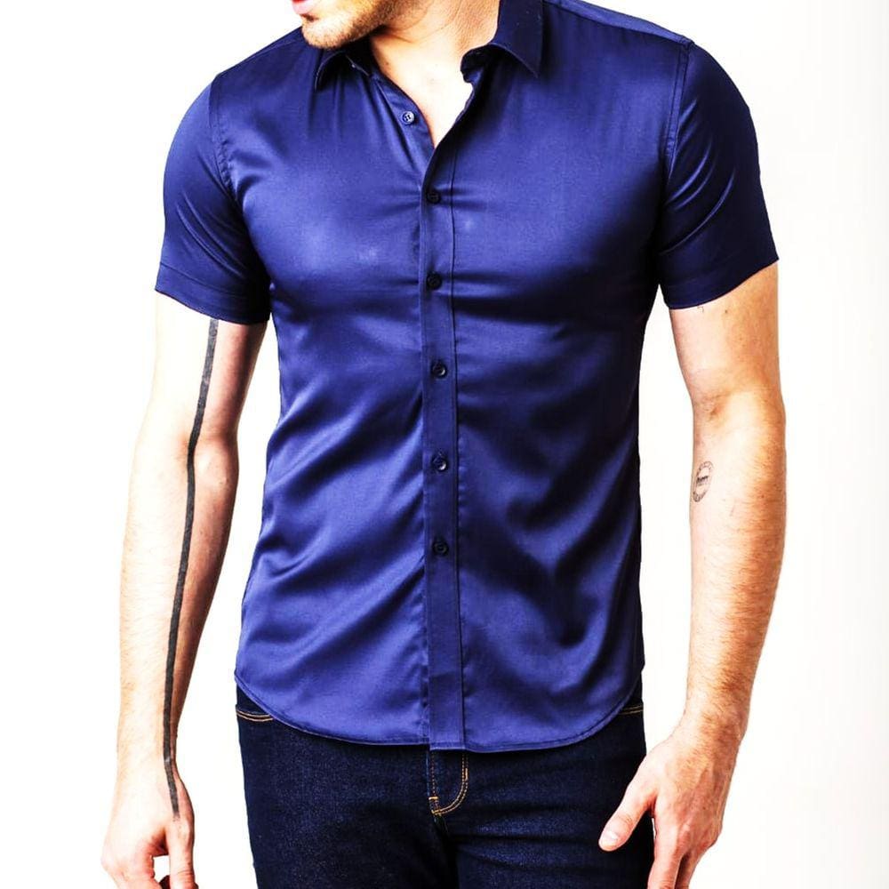 Camisa Social Masculina Slim Azul Manga Curta Zune