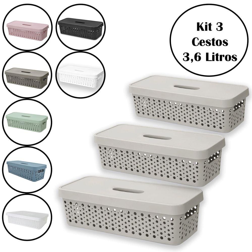 Kit 3 Cestos Organizador 3,6 Litros Multiuso Com Tampa