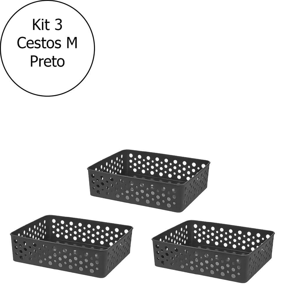 Kit 3 Cestos Caixa Organizador Multiuso Plástico Médio Com Furinhos Azul / Branco / Cinza / Marrom / Preto / Rose / Transparente / Verde