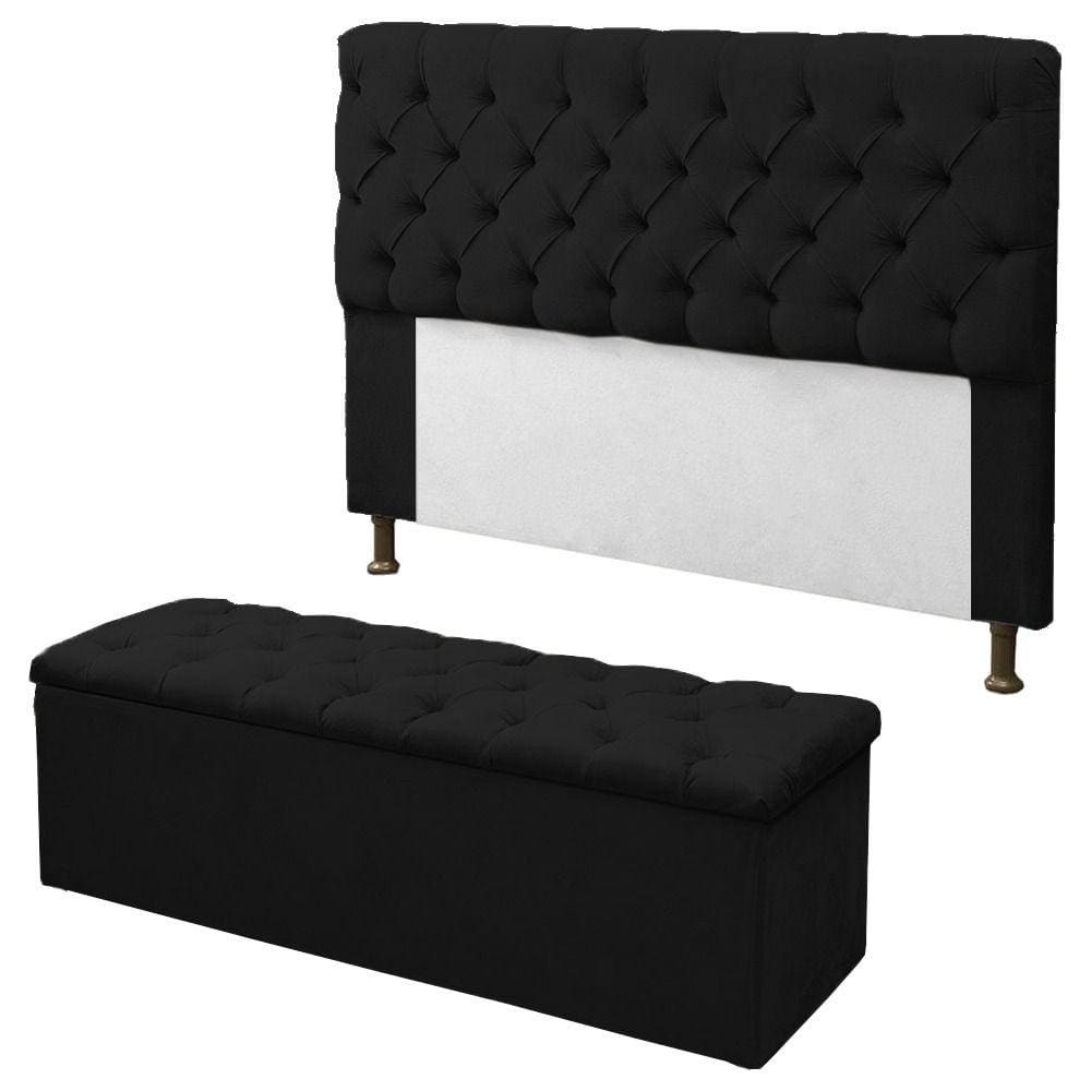 Kit Cabeceira + Calçadeira Baú Sofia Solteiro 90cm Corino Preto - LM DECOR