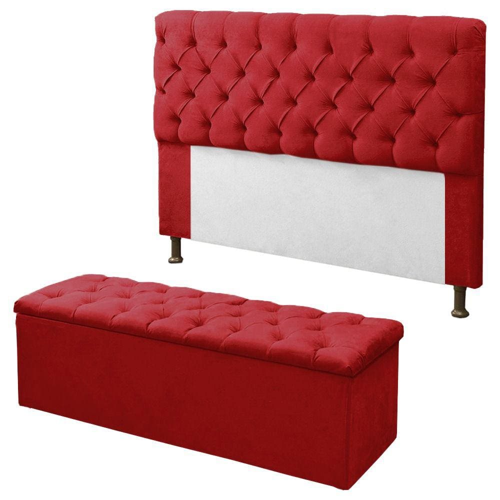 Kit Cabeceira + Calçadeira Baú Sofia Queen 160cm Corino Vermelho - LM DECOR