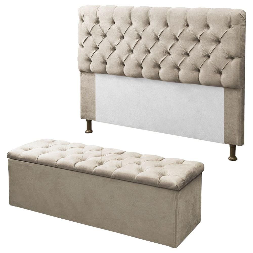 Kit Cabeceira + Calçadeira Baú Sofia Solteiro 90cm Corino Bege - LM DECOR