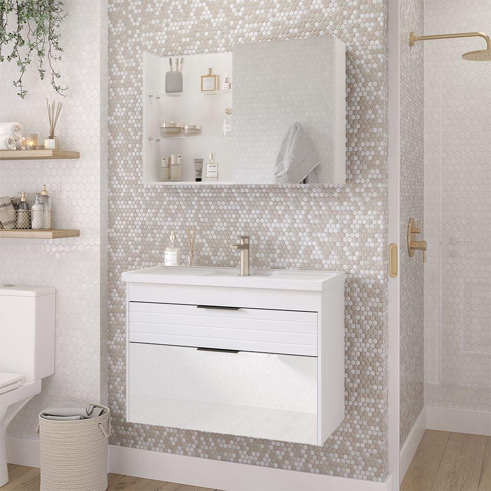 Gabinete Suspenso com Cuba Azaléia 80cm e Espelheira Jasmim 80cm Branco MGM