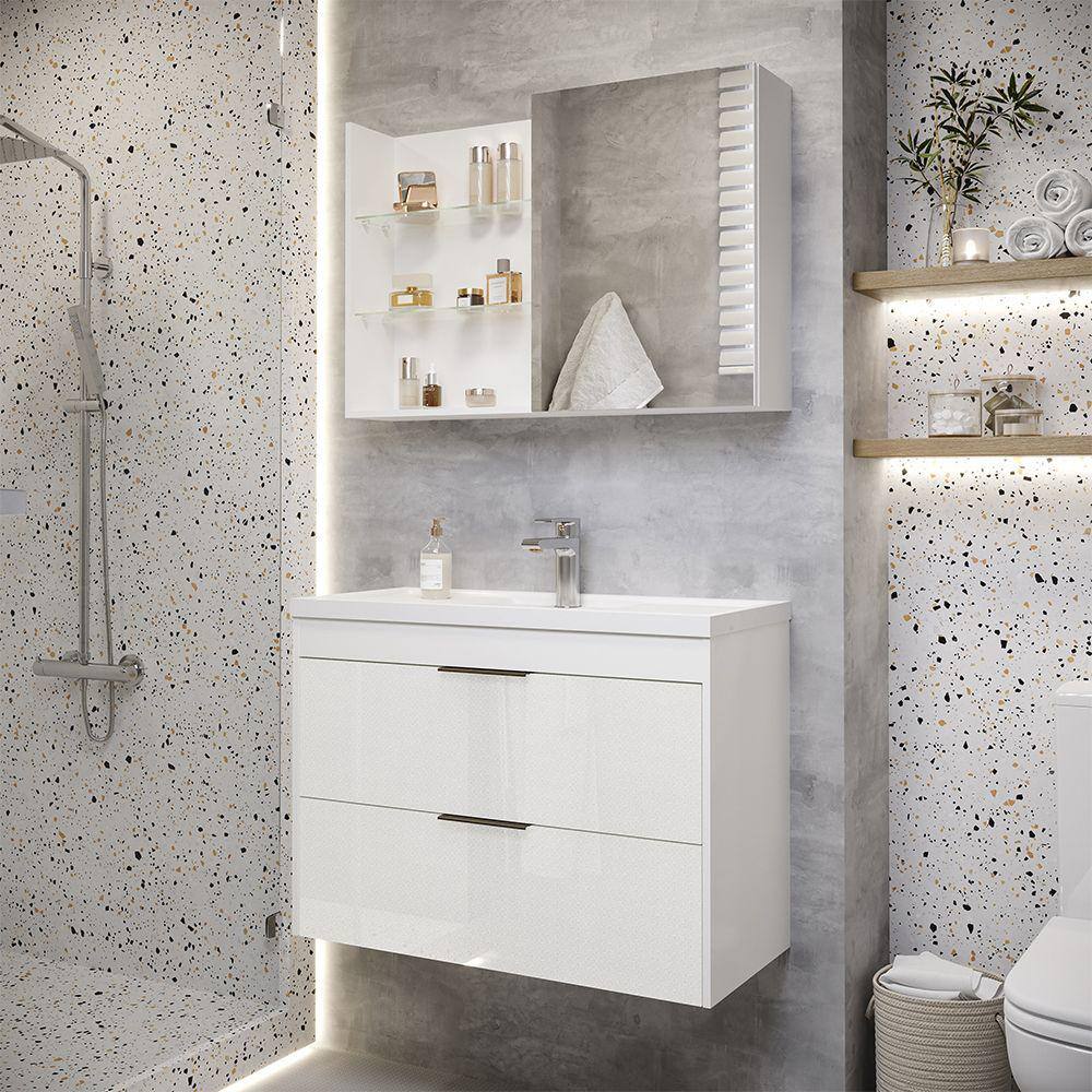 Gabinete Suspenso com Cuba Lavanda 80cm e Espelheira Jasmim 80cm Branco MGM