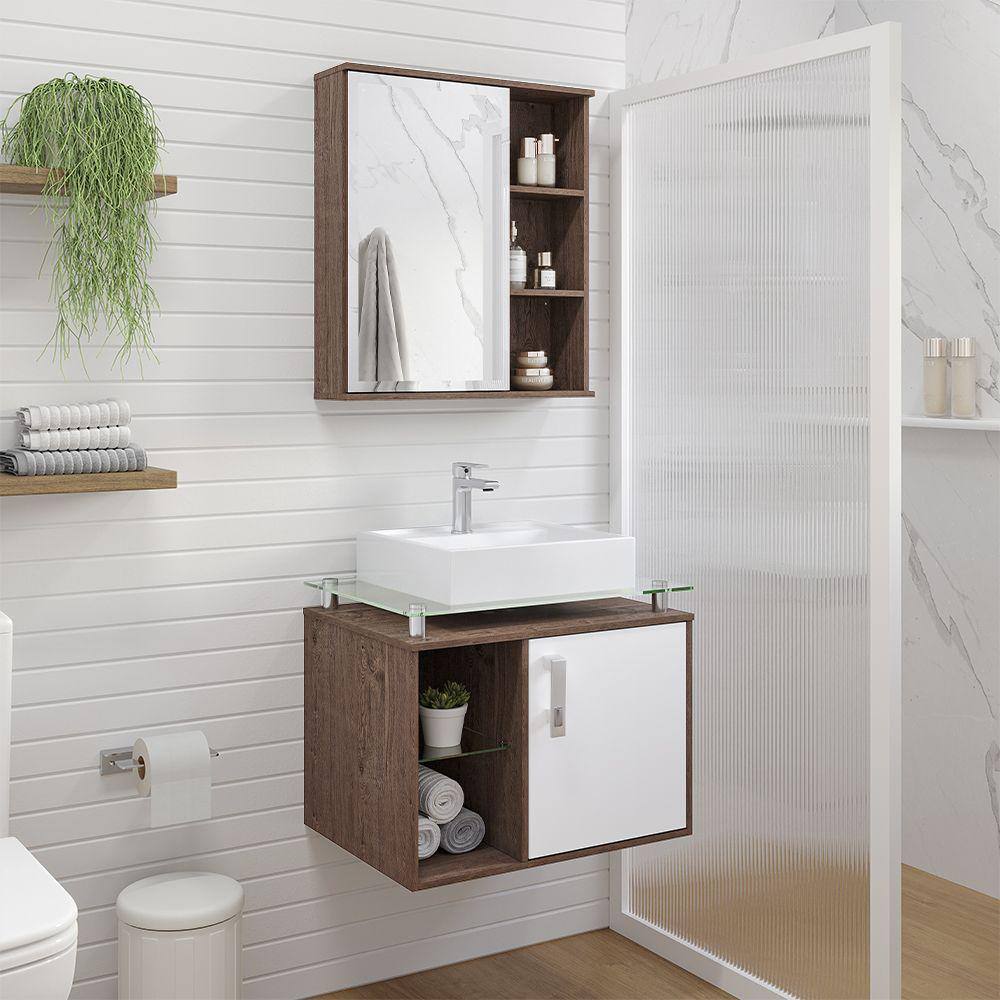 Gabinete Suspenso com Cuba Porto 60cm e Espelheira Treviso 60cm Amêndoa Branco MGM