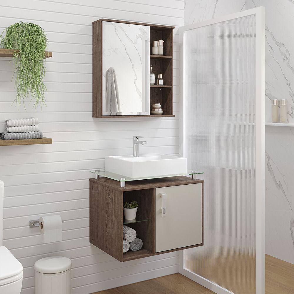 Gabinete Suspenso com Cuba Porto 60cm e Espelheira Treviso 60cm Amêndoa Off White MGM