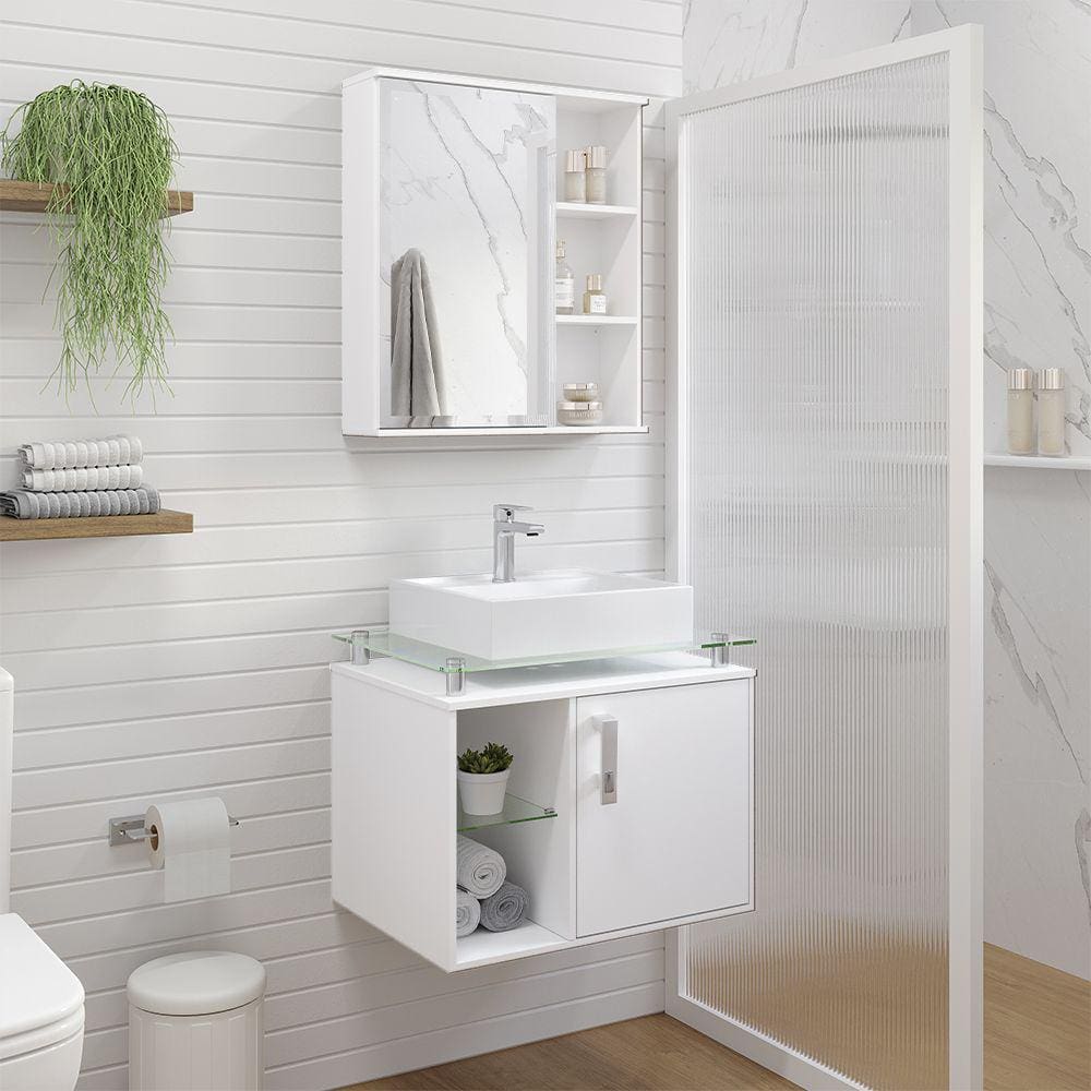 Gabinete Suspenso com Cuba Porto 60cm e Espelheira Treviso 60cm Branco MGM