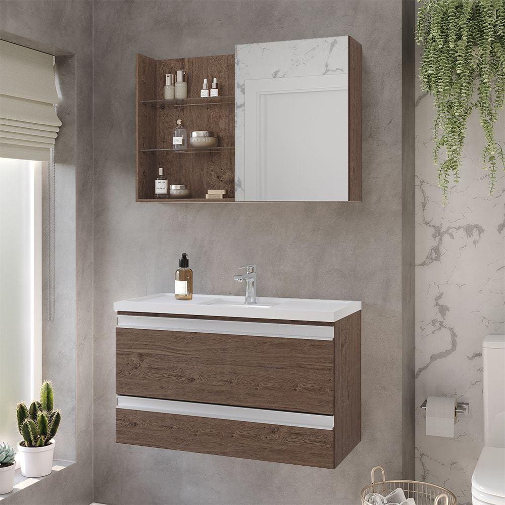 Gabinete Suspenso com Cuba Treviso 80cm e Espelheira Jasmim 80cm Amêndoa MGM