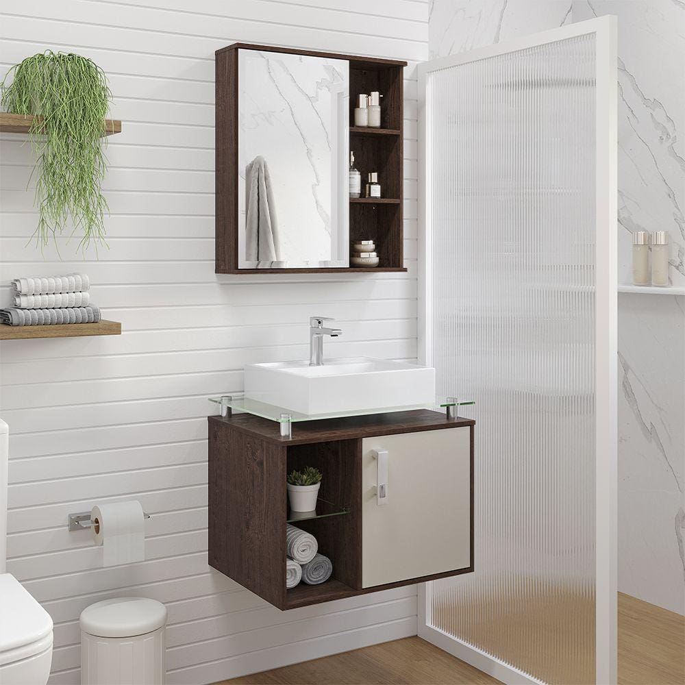 Gabinete Suspenso com Cuba Porto 60cm e Espelheira Treviso 60cm Café Off White MGM