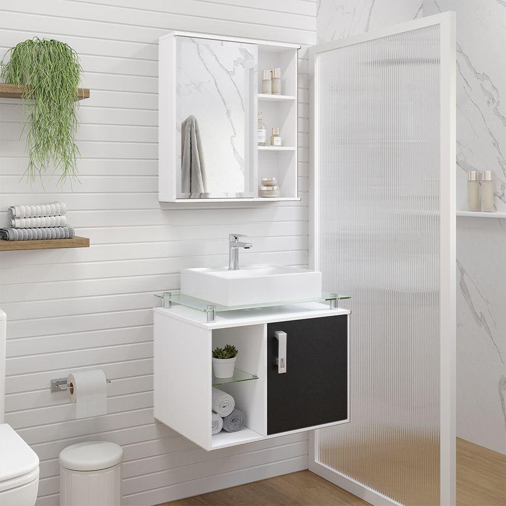 Gabinete Suspenso com Cuba Porto 60cm e Espelheira Treviso 60cm Branco Preto MGM