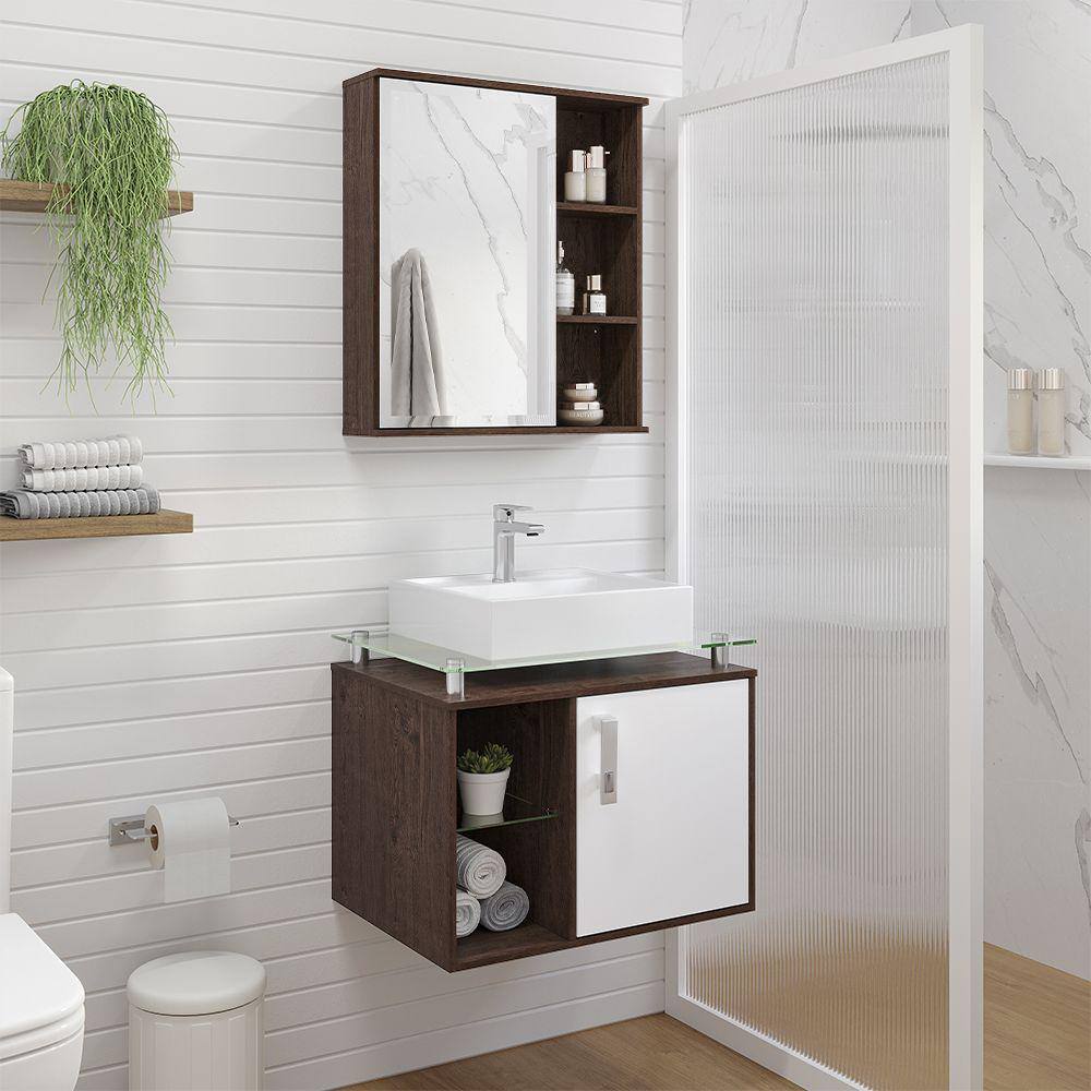 Gabinete Suspenso com Cuba Porto 60cm e Espelheira Treviso 60cm Café Branco MGM