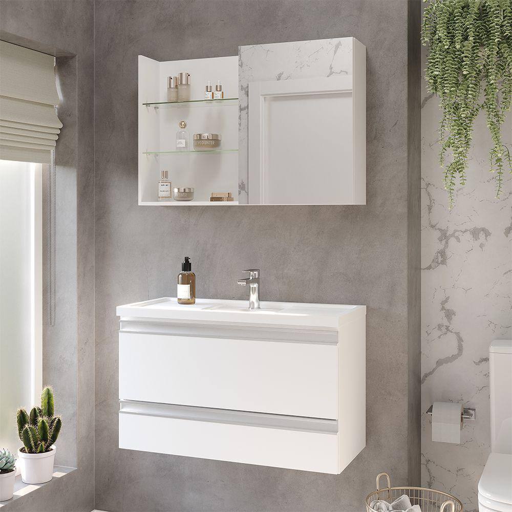 Gabinete Suspenso com Cuba Treviso 80cm e Espelheira Jasmim 80cm Branco MGM