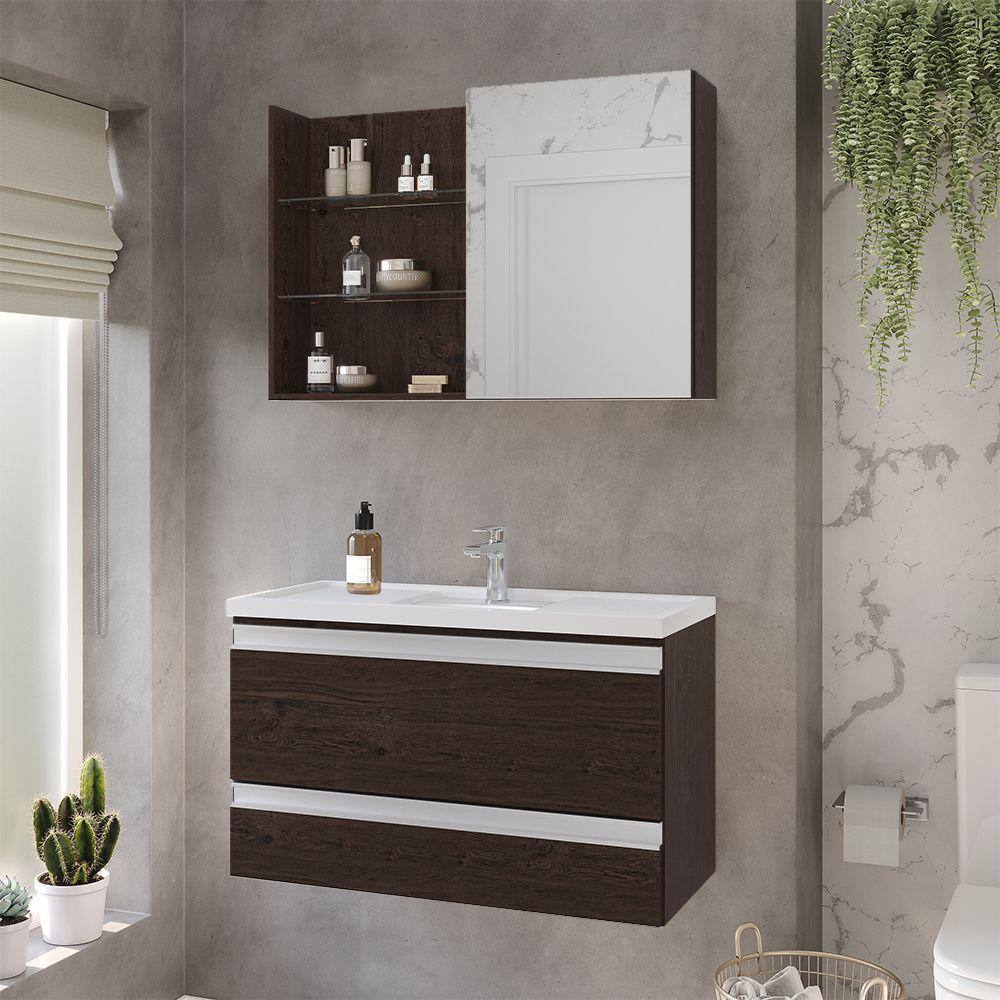 Gabinete Suspenso com Cuba Treviso 80cm e Espelheira Jasmim 80cm Café MGM