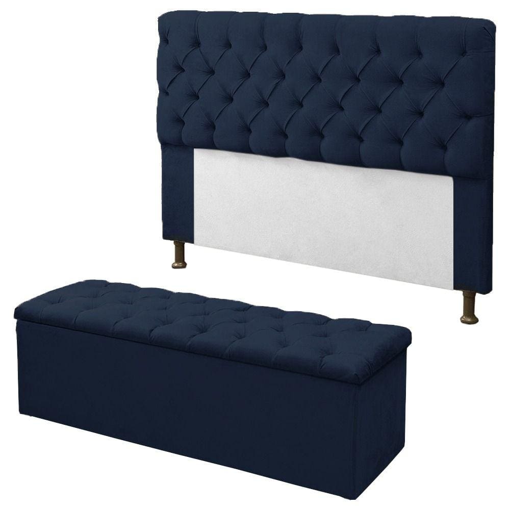 Kit Cabeceira + Calçadeira Baú Sofia Queen 160cm Corino Azul Marinho - LM DECOR