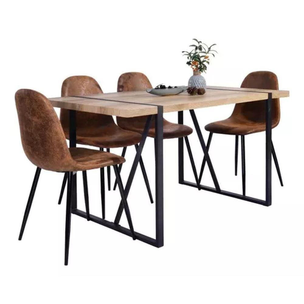 Conjunto Jantar Mesa + 4 Cadeiras Madeira E Aço - Houston
