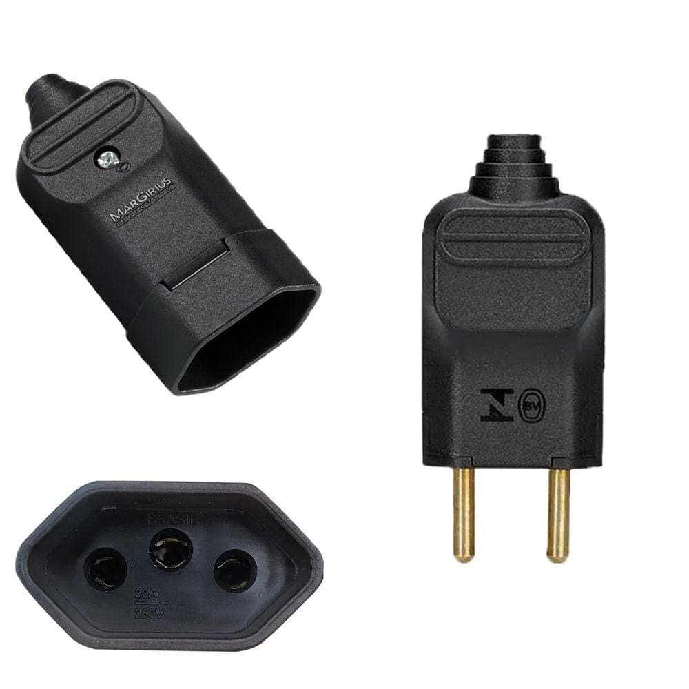 5 Plug Plugue Macho 2 Pinos 10a + 5 Tomada Fêmea 3 Pinos 20a Prensa Cabos Preto Margirius