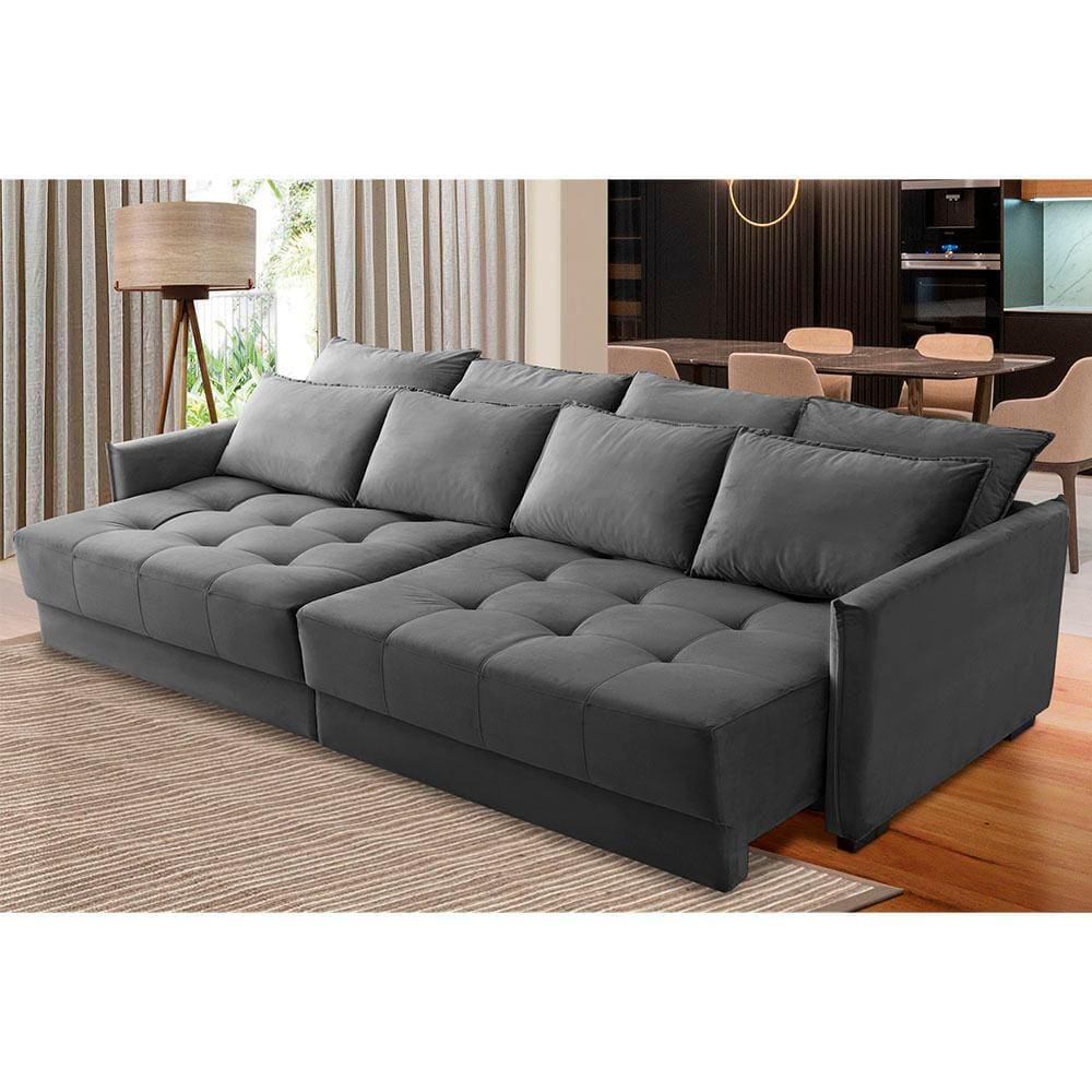 Sofá Retrátil e Reclinável 2,10m Mariah Veludo Cinza Madelina Decor