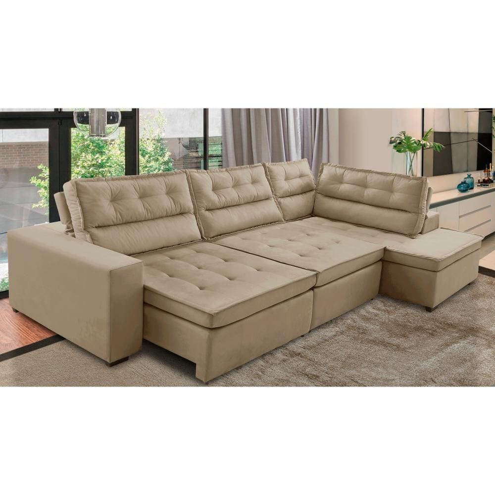 Sofá de Canto Retrátil e Reclinável com Molas LD 3,00x2,00m Viviane Suede Bege Madelina Decor