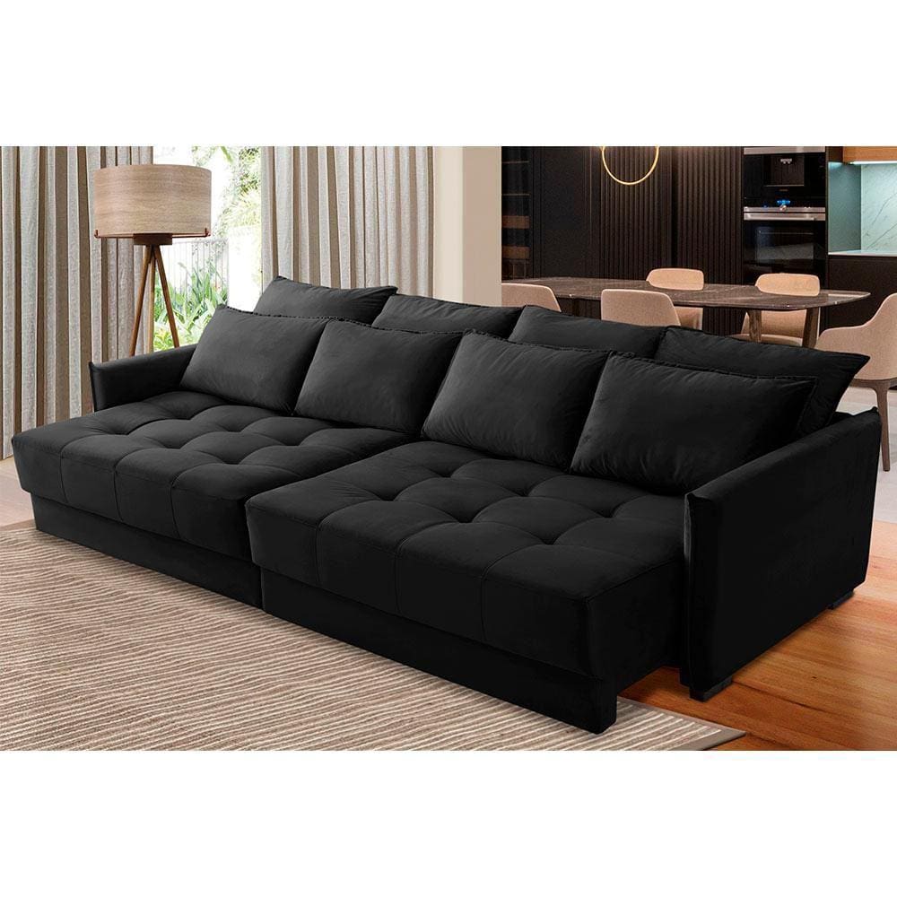 Sofá Retrátil e Reclinável 2,10m Mariah Veludo Preto Madelina Decor