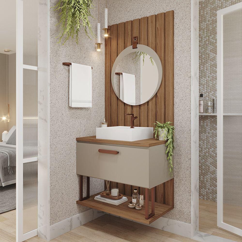 Gabinete Suspenso com Cuba 01 Porta Duna 60cm Espelho Lua Capuccino e Painel Ripado Freijó MGM