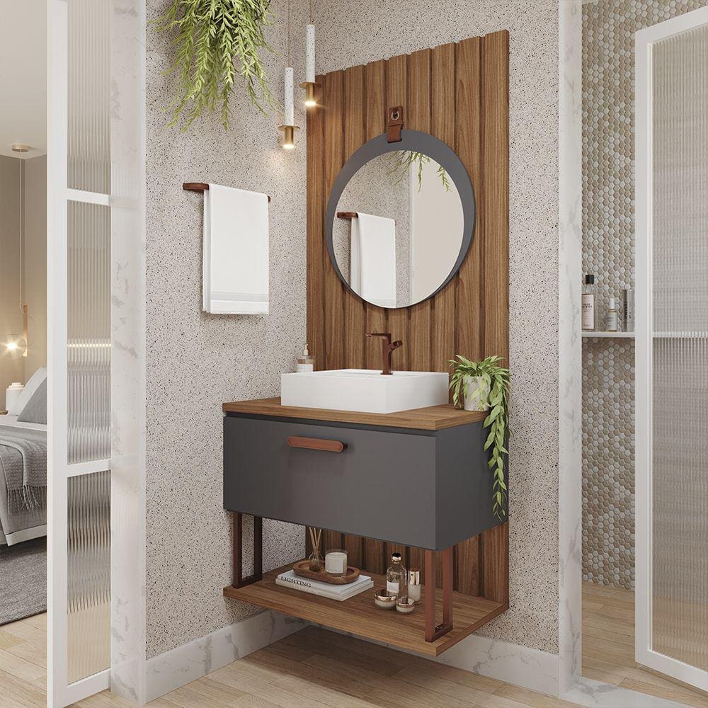 Gabinete Suspenso com Cuba 01 Porta Duna 60cm Espelho Lua Titânio e Painel Ripado Freijó MGM