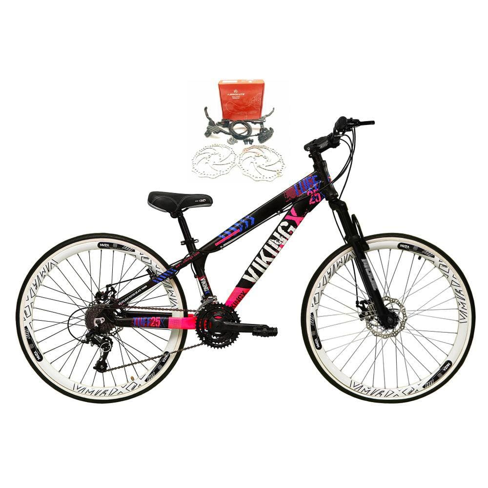 Bicicleta Aro 26 Vikingx Tuff 21v Alumínio Freio Hidráulico a Disco Aros Vmaxx Branco -  Preto\\Rosa X25