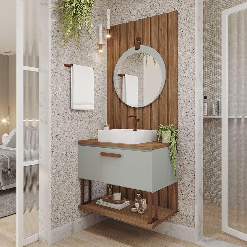 Gabinete Suspenso com Cuba 01 Porta Duna 60cm Espelho Lua Pistache e Painel Ripado Freijó MGM