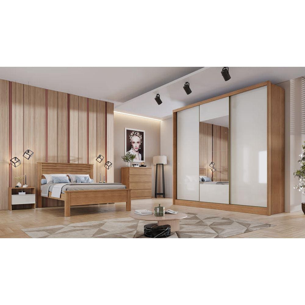 Guarda Roupa Casal com Espelho 3 Portas 8 Gavetas - Arezzo Plus-Cumaru off white - Móveis Novo Horizonte