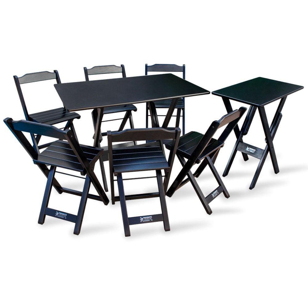 Conjunto De Mesa 1,10x70 E Mesa Aparador Dobrável Com 6 Cadeiras Tarimatã Para Area Gourmet - Preto